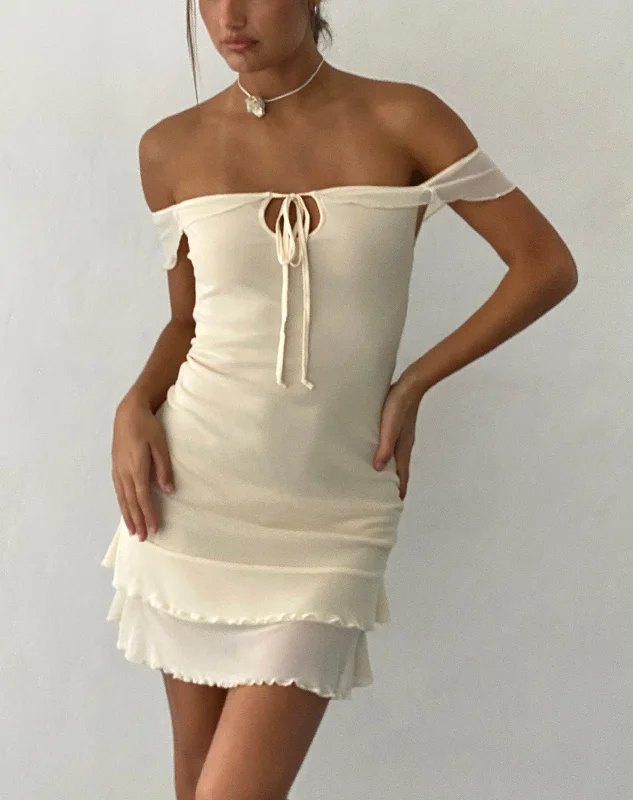 Valory Bardot Mini Dress in Ivory Mesh