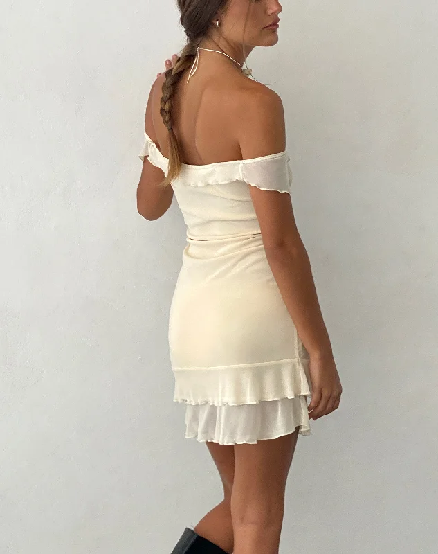 Valory Bardot Mini Dress in Ivory Mesh