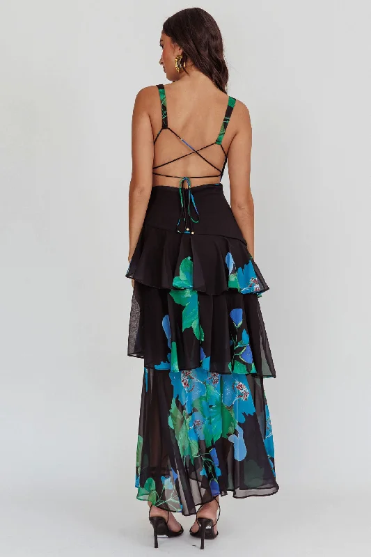 Veda Strappy Back Ruffle Maxi Dress Black