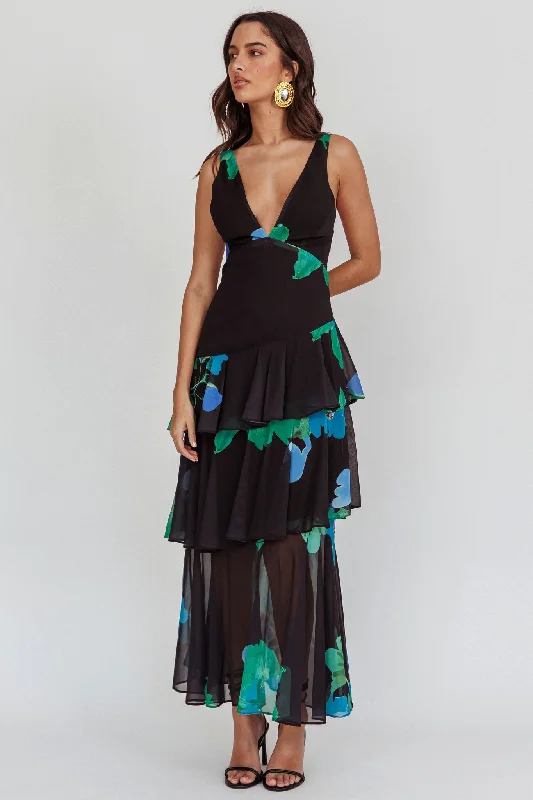 Veda Strappy Back Ruffle Maxi Dress Black