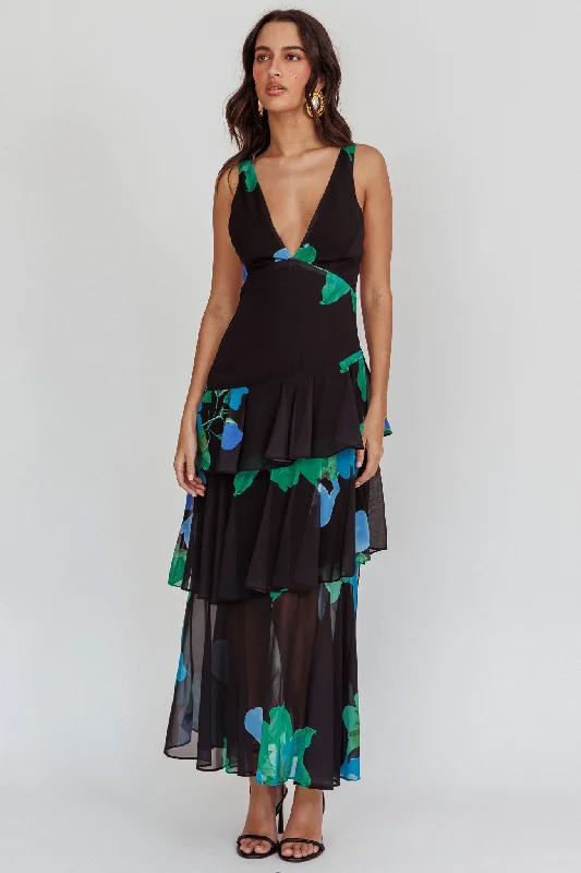 Veda Strappy Back Ruffle Maxi Dress Black