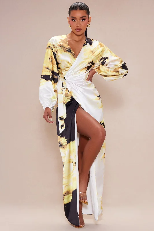 Vienna Satin Wrap Dress - Yellow/combo