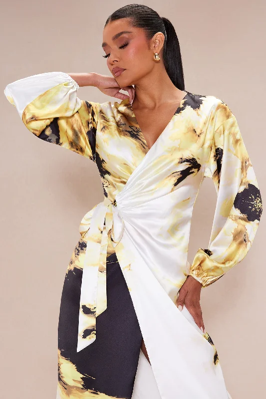 Vienna Satin Wrap Dress - Yellow/combo