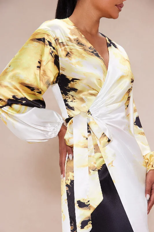 Vienna Satin Wrap Dress - Yellow/combo