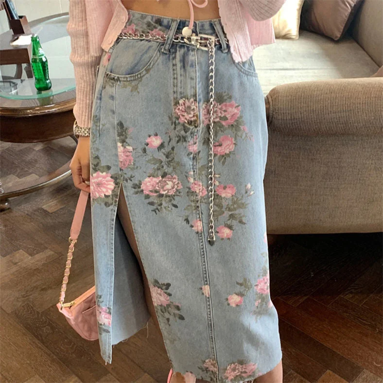 Flytonn-Graduation gift, dressing for the Coachella Valley Music Festival,Vintage Flowers Sexy Open Long Denim Skirts