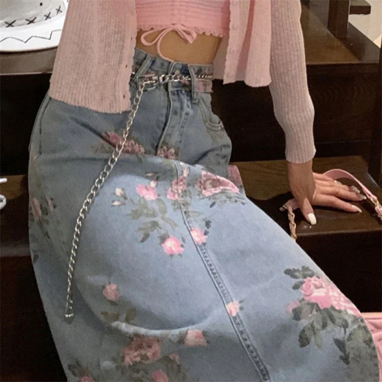 Flytonn-Graduation gift, dressing for the Coachella Valley Music Festival,Vintage Flowers Sexy Open Long Denim Skirts