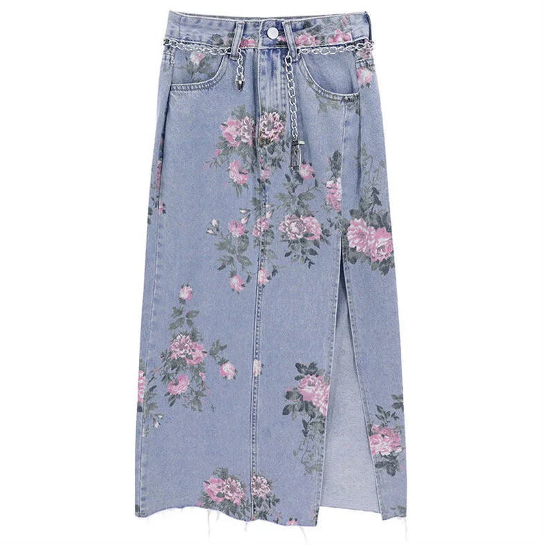 Flytonn-Graduation gift, dressing for the Coachella Valley Music Festival,Vintage Flowers Sexy Open Long Denim Skirts