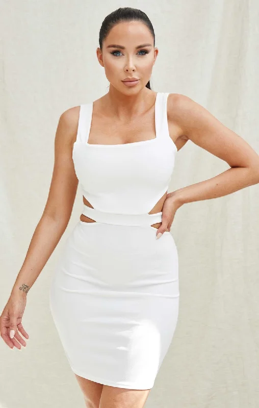 White Square Neck Thick Strap Cut Out Side Bodycon Mini Dress - Mata