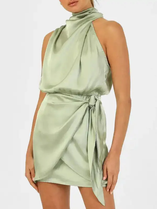 Women’s woven halter neck high-quality satin strap slim-fit celebrity mini dress