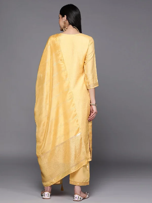 Yellow Embroidered Silk Blend Suit Set With Trousers