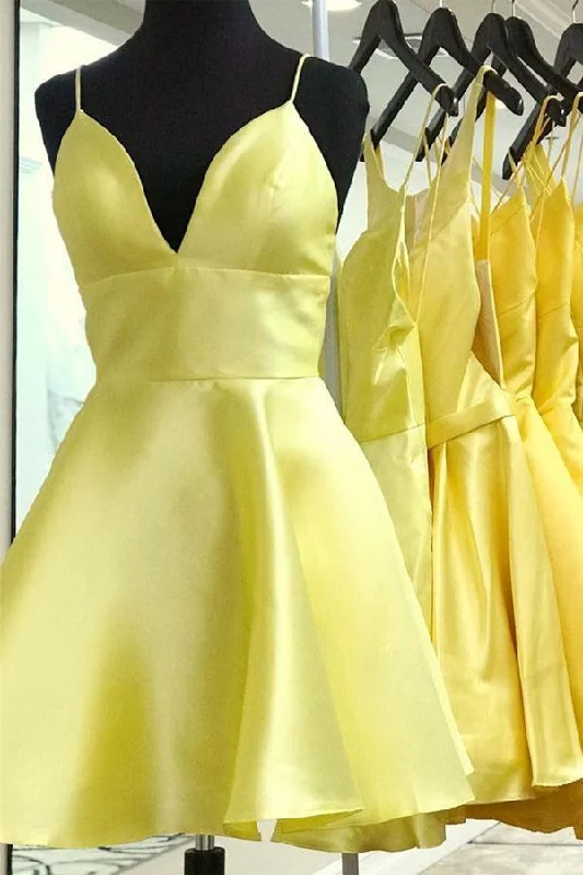 Yellow V Neck Satin Straps Homecoming Dresses Short Prom Dress  PD279