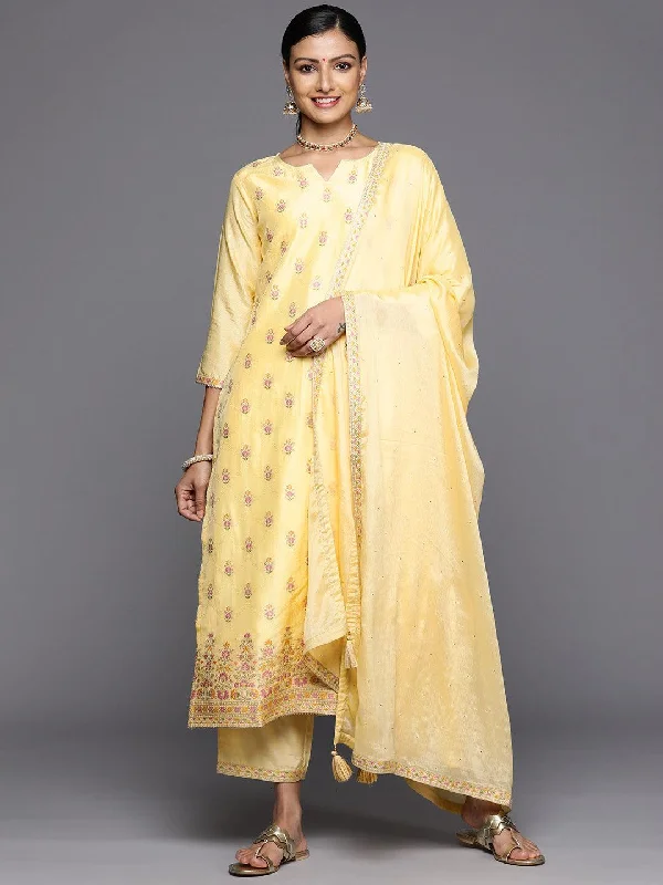 Yellow Woven Design Silk Blend Straight Kurta With Trousers & Dupatta