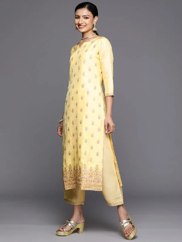 Yellow Woven Design Silk Blend Straight Kurta With Trousers & Dupatta