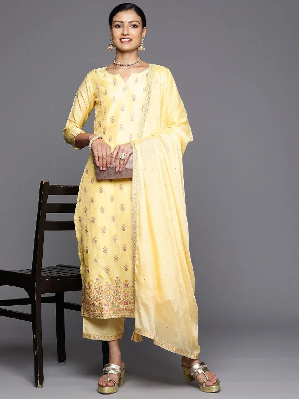 Yellow Woven Design Silk Blend Straight Kurta With Trousers & Dupatta