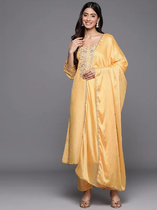 Yellow Yoke Design Silk Blend Straight Suit Set With Trousers