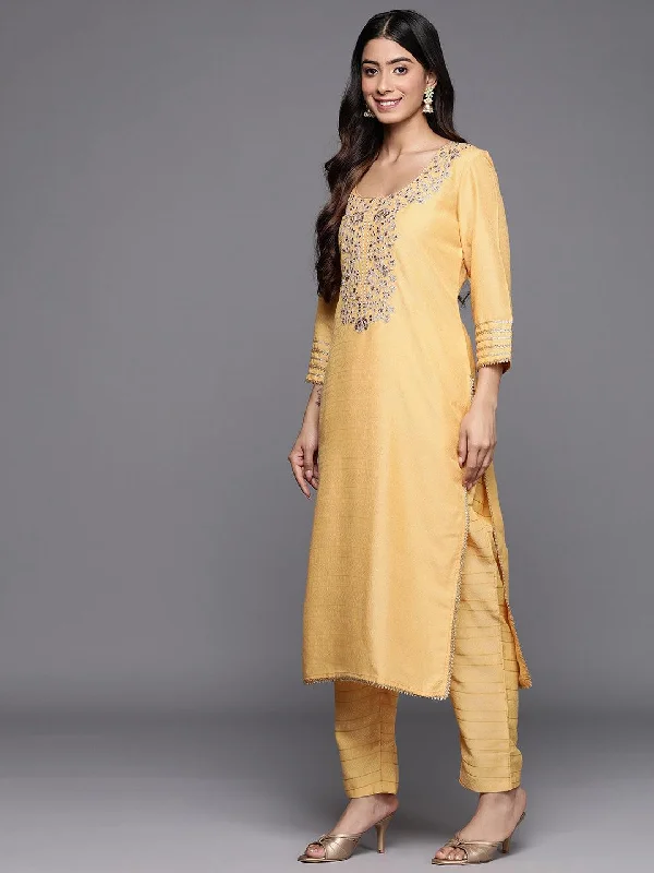 Yellow Yoke Design Silk Blend Straight Suit Set With Trousers