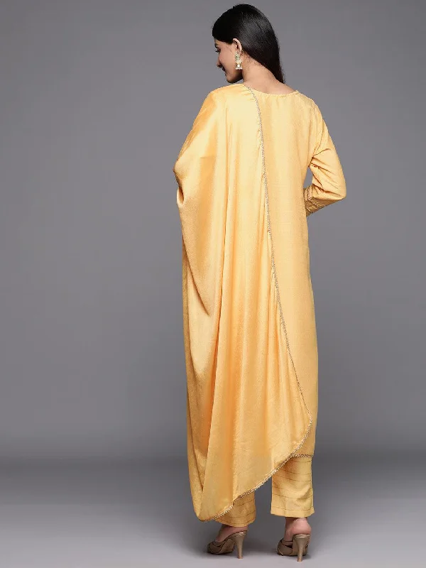 Yellow Yoke Design Silk Blend Straight Suit Set With Trousers