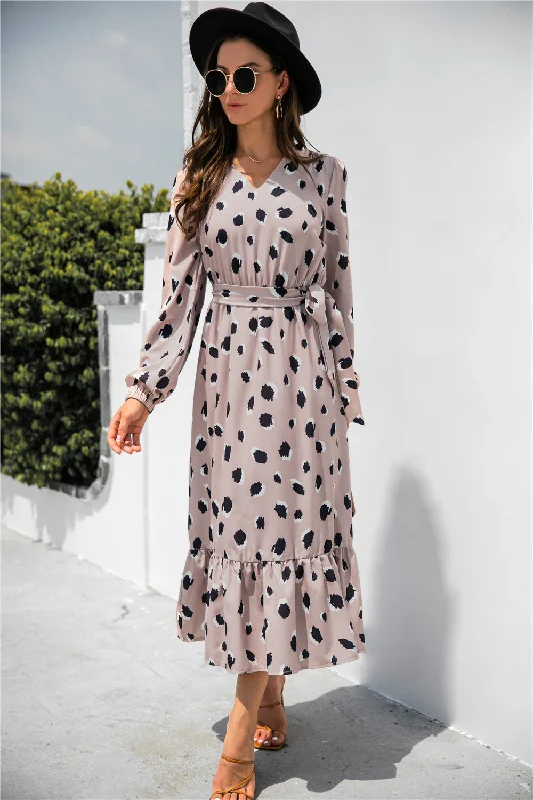 2022 New Style Elegant Casual Ladies V Neck Printing Maxi Dot Long Sleeve Women Casual Dresses