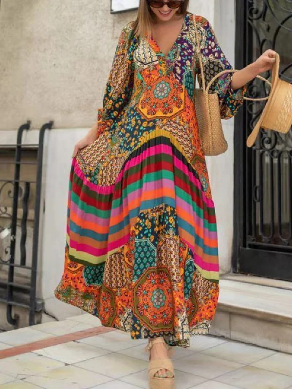 2023 Non Stretch Light Weight Flowy Cute Flattering Roomy Summer Chic Versatile.v Neck Sing It Louder Printed Boho Maxi Dress