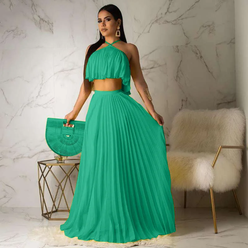 2023 Summer Bohemian Dress 2 Piece Set Casual Women Clothing Crop Tank Top Maxi Long Pleated Flowy Skirt Two Piece Skirts Set