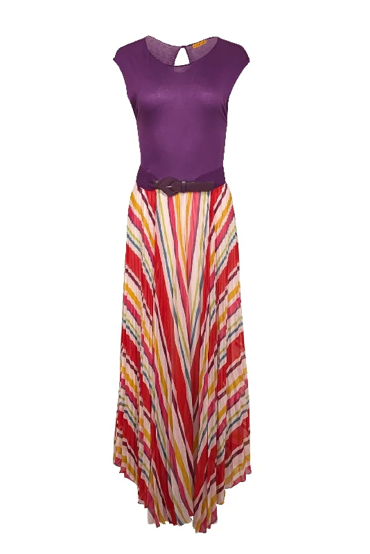 Alice & Olivia - Purple & Multicolor Striped Sleeveless w/ Purple Belt Maxi Dress Sz M