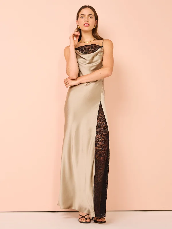 Anna Quan Elena Dress in Taupe w/ Black Lace