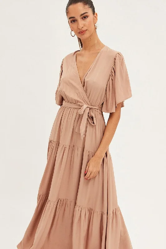 Beige Maxi Dress Short Sleeve Wrap Front Tiered