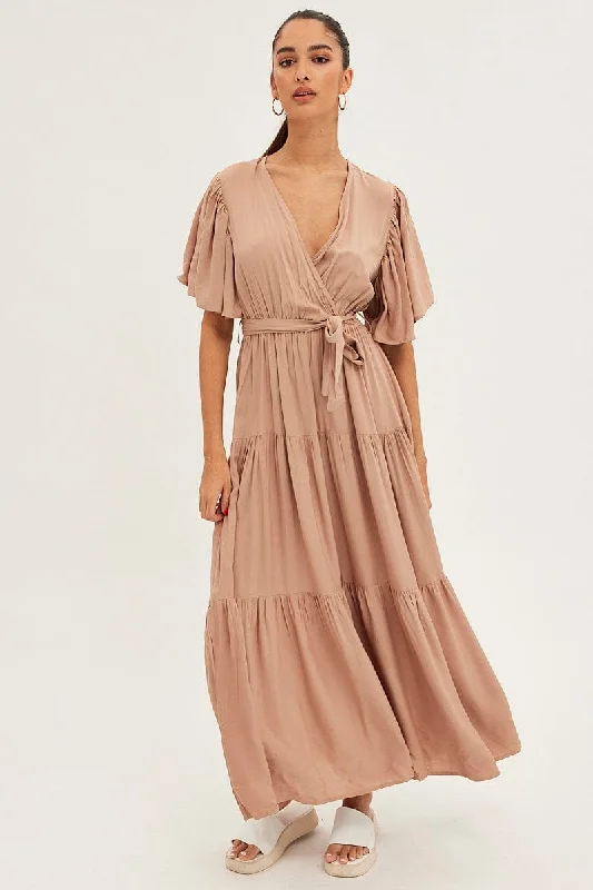 Beige Maxi Dress Short Sleeve Wrap Front Tiered