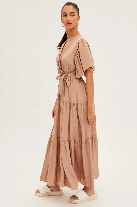 Beige Maxi Dress Short Sleeve Wrap Front Tiered