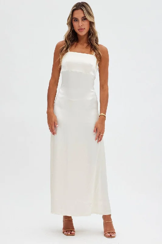 Beige Satin Straight Maxi Dress