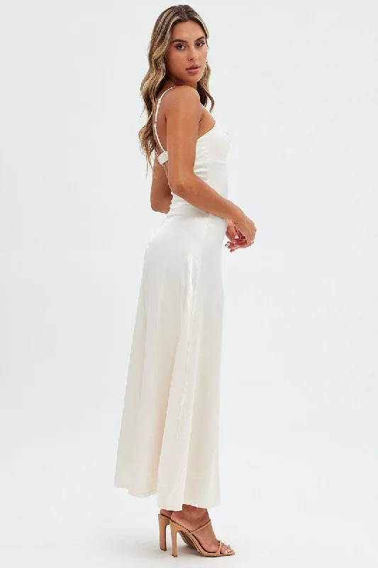 Beige Satin Straight Maxi Dress