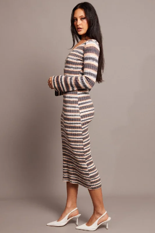 Beige Stripe Knit Dress Long Sleeve