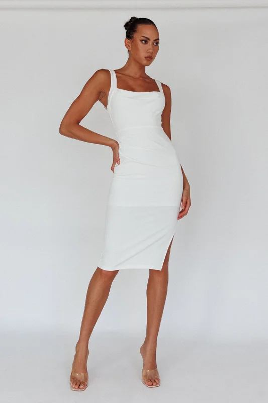 Bella Vista Cowl Neckline Thick Strap Knee Length Dress White