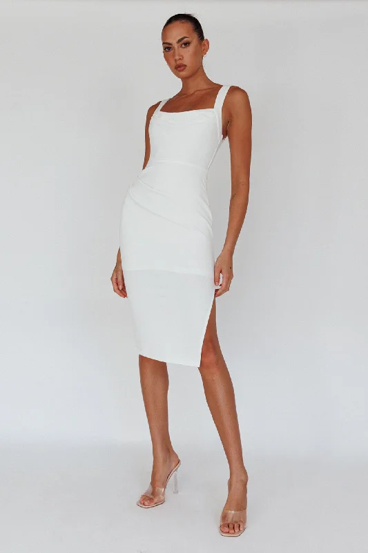 Bella Vista Cowl Neckline Thick Strap Knee Length Dress White