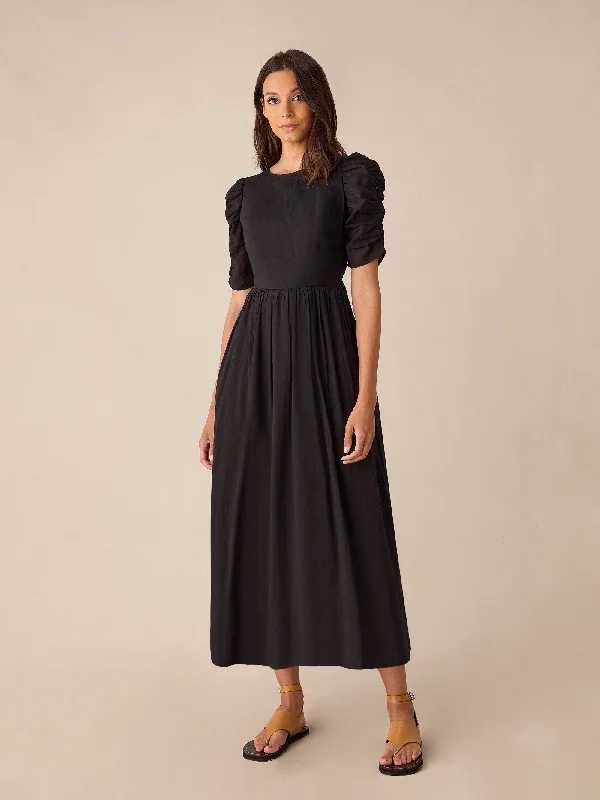 Black Cotton Puff Sleeve Midi Dress