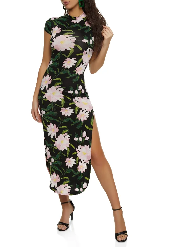 Floral Mock Neck Cut Out Back Maxi Dress