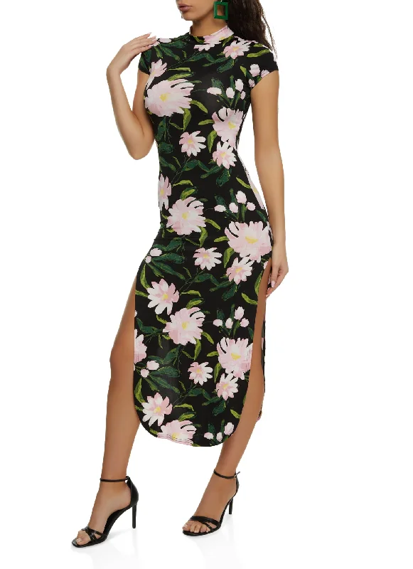 Floral Mock Neck Cut Out Back Maxi Dress