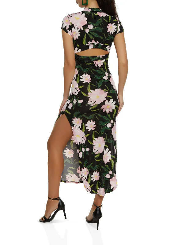 Floral Mock Neck Cut Out Back Maxi Dress