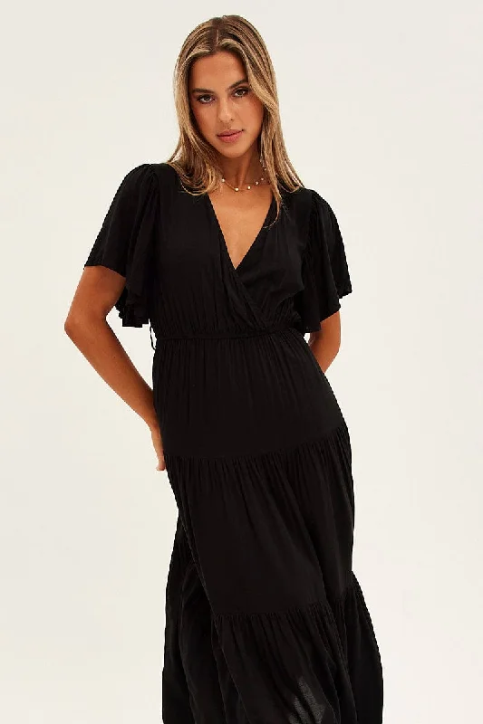 Black Maxi Dress Fluter Sleeve Tiered Hem