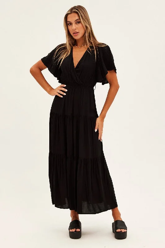 Black Maxi Dress Fluter Sleeve Tiered Hem