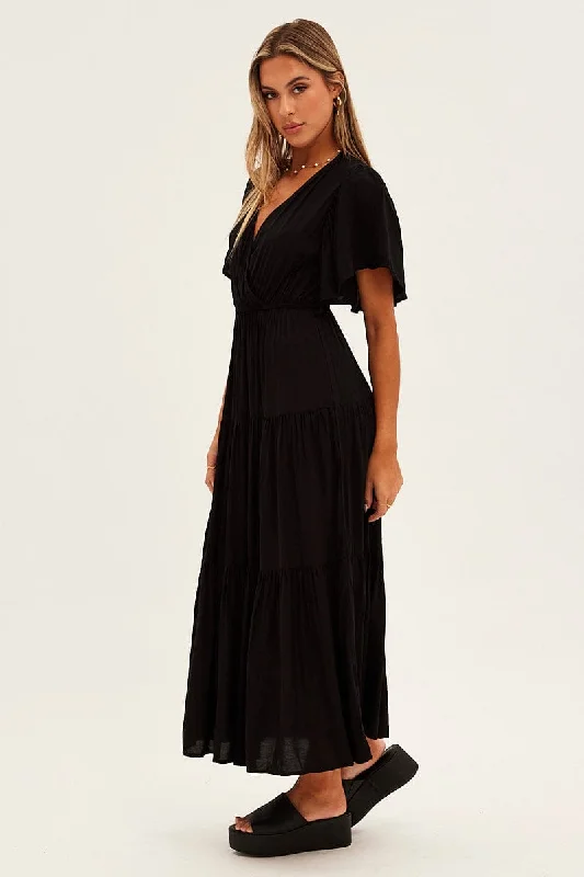 Black Maxi Dress Fluter Sleeve Tiered Hem