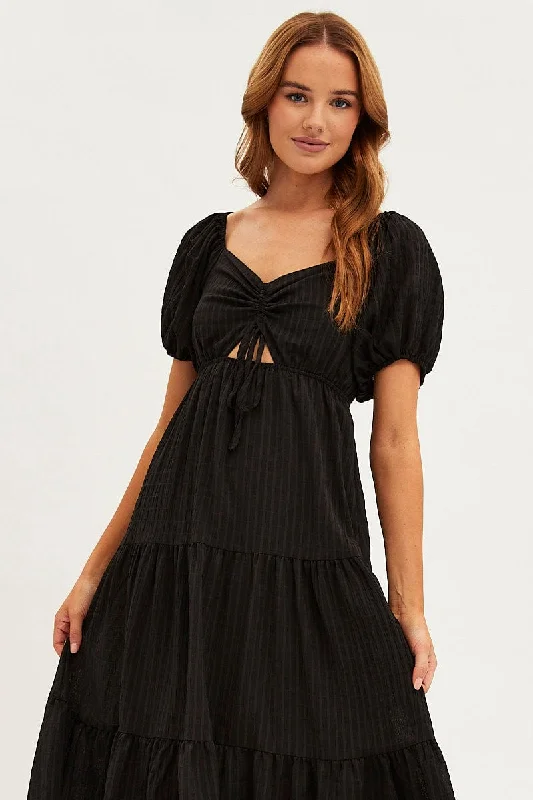 Black Maxi Dress Sweetheart Neck Puff Sleeve