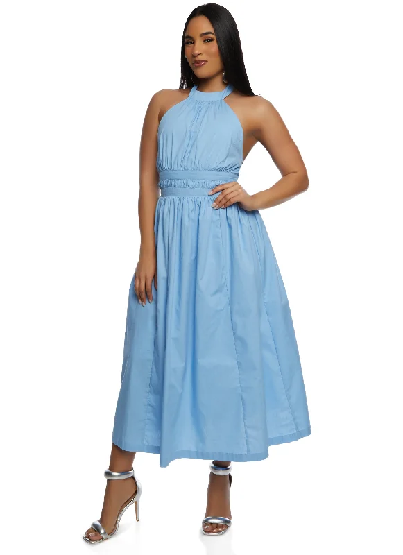 Poplin Tie Back Halter Neck Maxi Dress