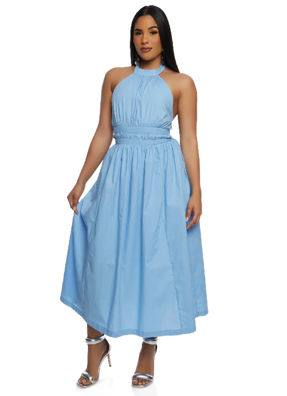 Poplin Tie Back Halter Neck Maxi Dress