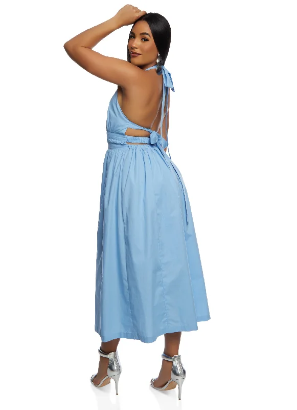 Poplin Tie Back Halter Neck Maxi Dress