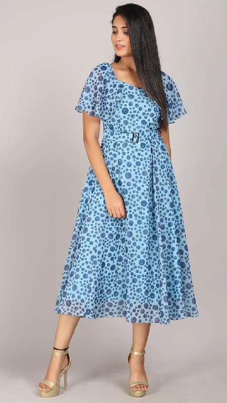 Blue printed flared sleeves maxi dress