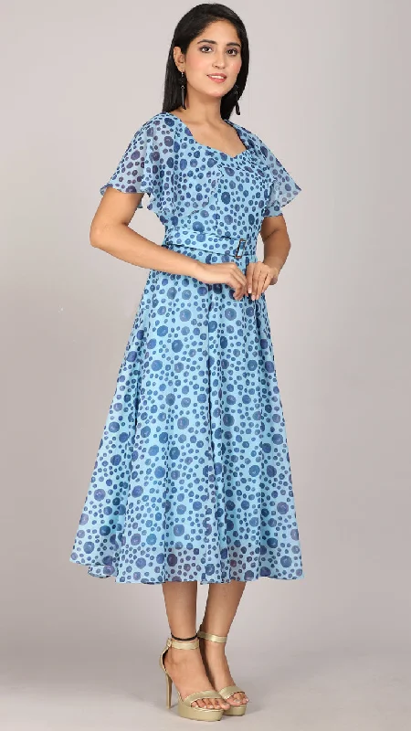 Blue printed flared sleeves maxi dress