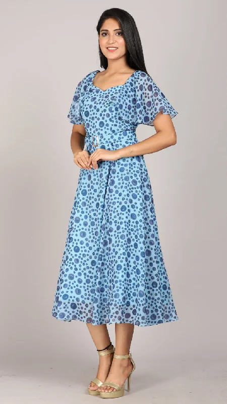 Blue printed flared sleeves maxi dress