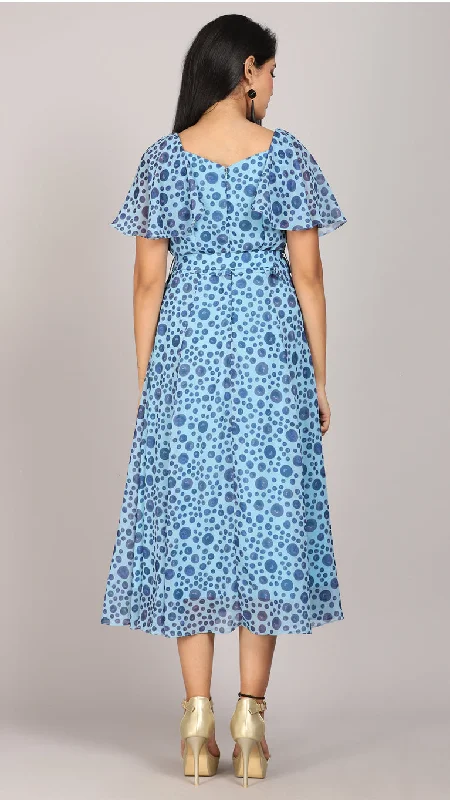 Blue printed flared sleeves maxi dress