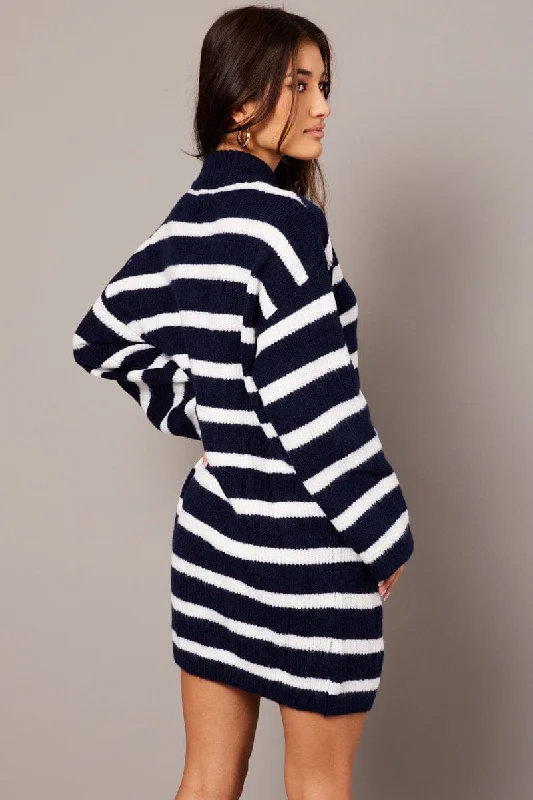 Blue Stripe Knit Jumper Dress Mini